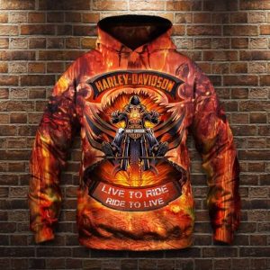 Harley-Davidson Fiery Motorcycle Merch, Live to Ride – Ride to Live Vibrant Motorcyclist Hoodie