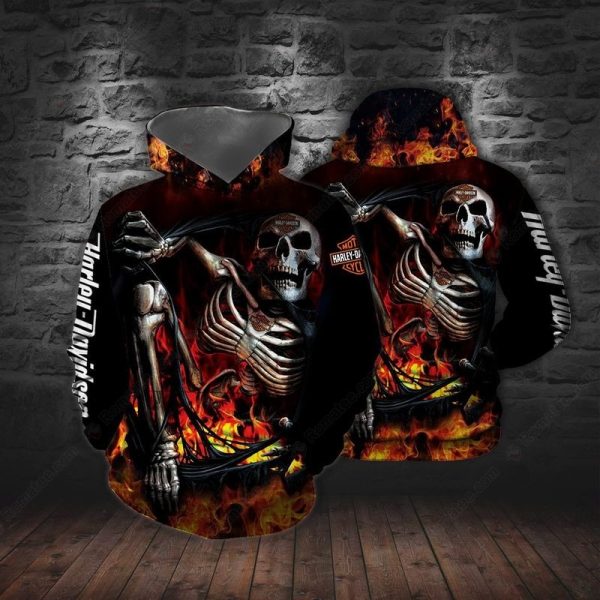 Harley-Davidson Fiery Skeleton Graphic Pullover Hoodie, Edgy Skeleton Holding Handlebars Hoodie