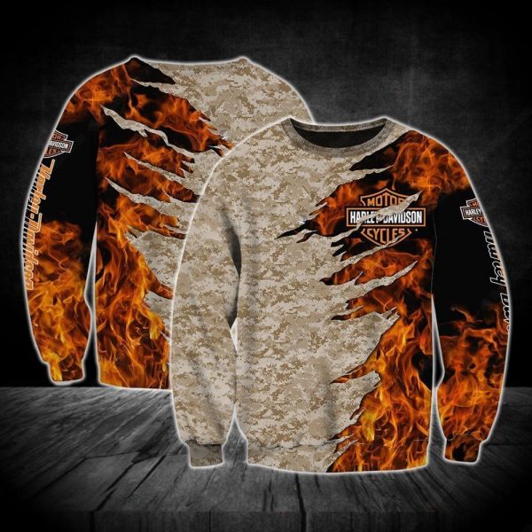 Harley Davidson Flame Burst Camo Hoodie, Dynamic Flame Military Harley Davidson Apparel