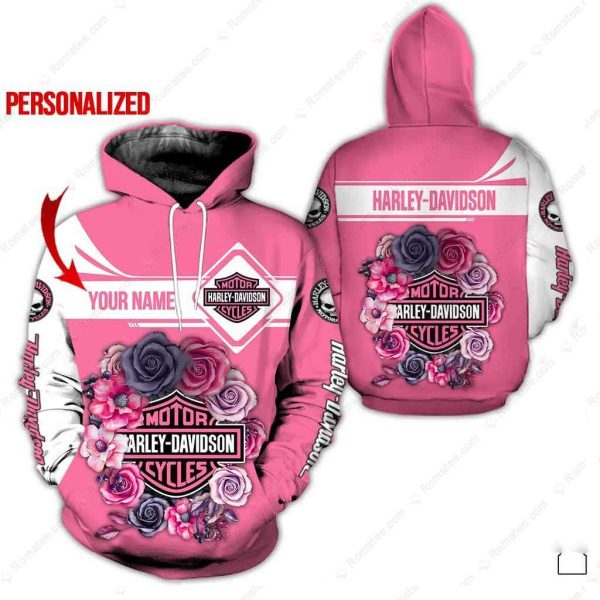 Harley-Davidson Floral Merch, Bright Pink Harley-Davidson Hoodie with Custom Name