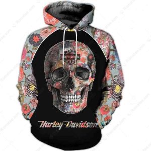 Harley-Davidson Floral Skull Hoodie, Black Body and Colorful Floral Sleeves