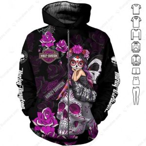 Harley-Davidson Floral Sugar Skull Hoodie, Colorful Sugar Skull Harley-Davidson Design Hoodie