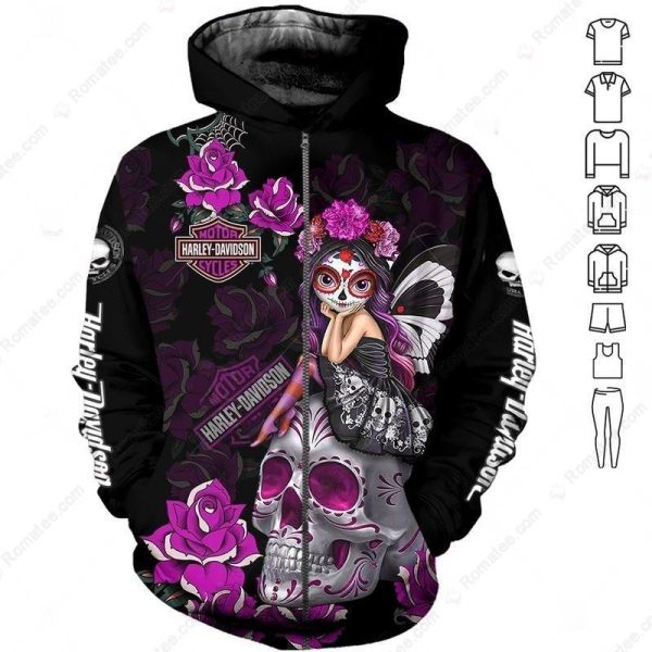 Harley-Davidson Floral Sugar Skull Hoodie, Colorful Sugar Skull Harley-Davidson Design Hoodie