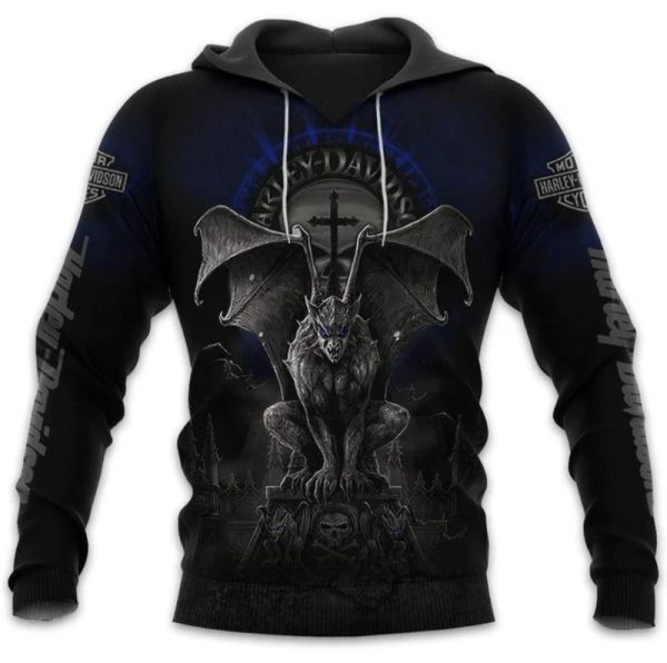 Harley-Davidson Gargoyle Hoodie, Dark Fantasy Design with Menacing Wings 3D All Over Print