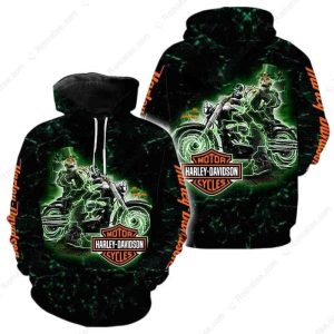 Harley-Davidson Ghostly Biker and Lightning Hoodie, Neon Green & Orange Accents with Dynamic Skull Design