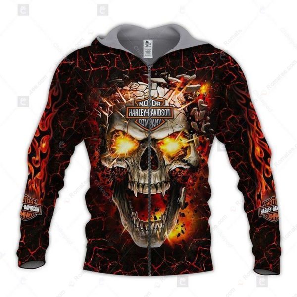 Harley Davidson Glowing Eyes Skull Hoodie, Fiery Skull Harley Davidson Rider Apparel