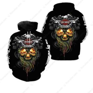 Harley-Davidson Glowing Skull Dripping Paint Hoodie, Bold Skull and Wings Design 3D All Over print