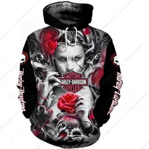 Harley-Davidson Gothic Skull and Roses Girl Merch, Life, Death, and Empowerment Theme Hoodie