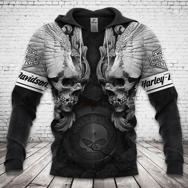 Harley-Davidson Gothic Winged Skull Hoodie, Dramatic H-D Twin Skull Graphic Motorcycle Pullover