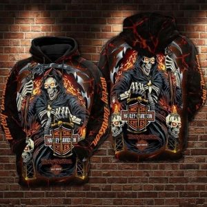 Harley-Davidson Grim Reaper Flames Hoodie, Grim Reaper Holding Harley Davison Logo Lantern 3D All Over Print