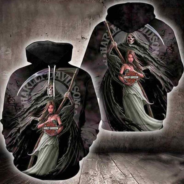 Harley-Davidson Grim Reaper and Woman Hoodie, Dark Aesthetic Harley-Davidson Hoodie