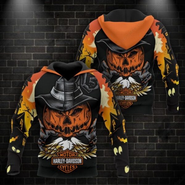 Harley-Davidson Halloween Pumpkin Skull Hoodie,  Eagle With Orange Pumpkin Skull Harley-Davidson 3D All Over Print