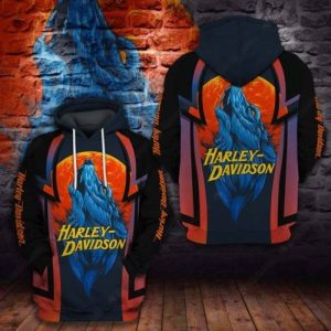 Harley-Davidson Howling Wolf Against Orange Moon Merch, Adventure-Ready Harley-Davidson Hoodie