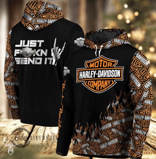 Harley-Davidson Just Fkin Send It Merch, Harley-Davidson Live Free And Flame Design Hoodie