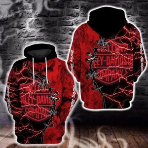 Harley-Davidson Lightning Bolt Hoodie,  Bold Red Graphic with Rugged Aesthetic