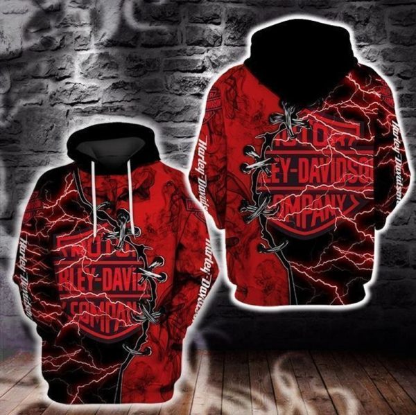 Harley-Davidson Lightning Bolt Hoodie,  Bold Red Graphic with Rugged Aesthetic