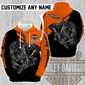 Harley-Davidson Motorcycle Engine Skull Hoodie, Motorcycle Engine and Rider with Custom Name