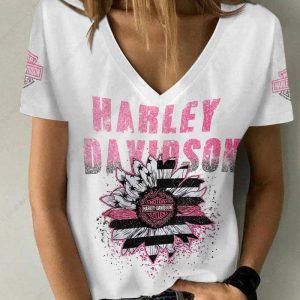 Harley-Davidson Motorcycle  Floral Flag Graphic Merch, Pink Harley-Davidson Women Vneck Shirt