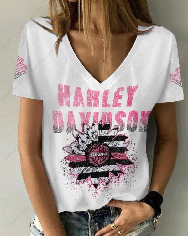 Harley-Davidson Motorcycle  Floral Flag Graphic Merch, Pink Harley-Davidson Women Vneck Shirt