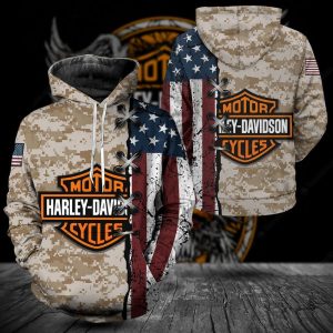 Harley Davidson Patriotic Camo Hoodie Rugged Distressed Flag and Shield Harley Davidson Apparel 1