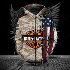 Harley Davidson Patriotic Camo Hoodie Rugged Distressed Flag and Shield Harley Davidson Apparel 4 zip hoodie