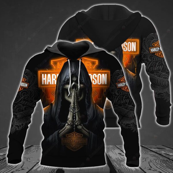 Harley-Davidson Praying Skull Hoodie, Menacing Skull Black and Orange Harley Davidson Motorcycle Apparel