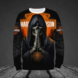 Harley Davidson Praying Skull Hoodie Menacing Skull Black and Orange Harley Davidson Motorcycle Apparel 3 long sleeve