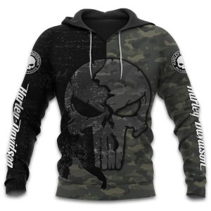 Harley Davidson Punisher Skull Camo Hoodie, Black Camo Military Harley Davidson Punisher Graphic Apparel