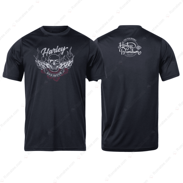 Harley-Davidson Roses Skull With Flames Merch, Edgy Harley-Davidson T-Shirt