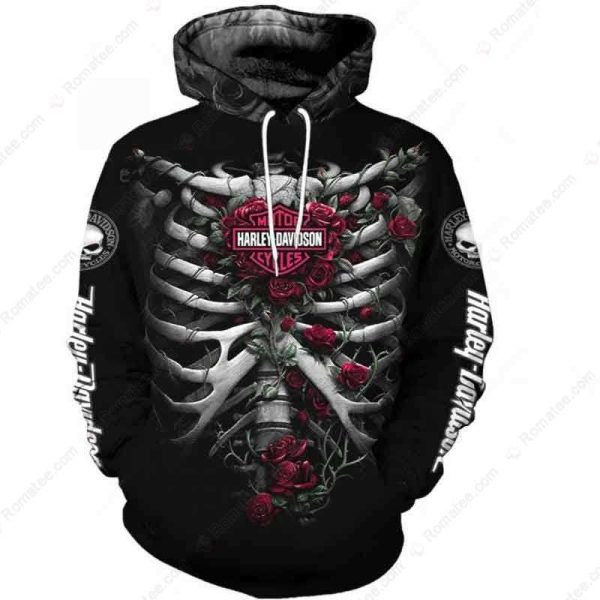 Harley-Davidson Skeleton Ribcage and Roses Merch, Artistic Design Celebrating Life and Death