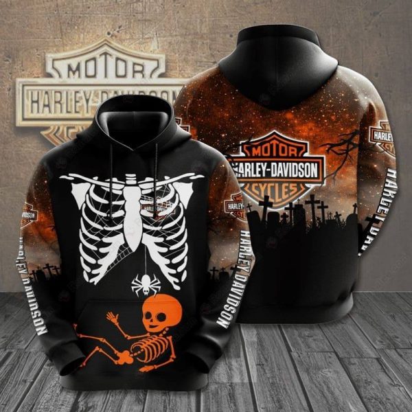 Harley-Davidson Skeleton and Gravestones Hoodie, Skeleton and Spider Design with Vivid Orange Hoodie