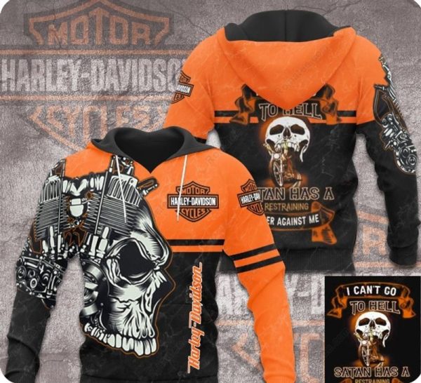 Harley-Davidson Skull And Motorcycle Hoodie, Satan Has A Restraining Order Against Me Harley-Davidson 3d All Over Print