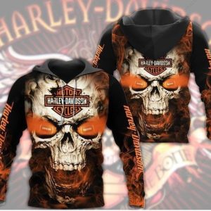 Harley-Davidson Skull Hoodie with Fiery Orange Eyes Hoodie, Aggressive Aesthetic Harley-Davidson Hoodie