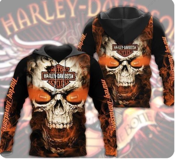 Harley-Davidson Skull Hoodie with Fiery Orange Eyes Hoodie, Aggressive Aesthetic Harley-Davidson Hoodie