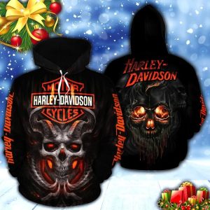 Harley-Davidson Skull & Horns Hoodie, Dark Aesthetic Harley-Davidson Hoodie with Fiery Skull Design