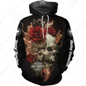 Harley-Davidson Skull Roses and Ornate Golden Merch, Harley-Davidson Hoodie Featuring Artistic Skull and Vibrant Roses