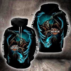 Harley-Davidson Skull Soul Catch Hoodie,  Dark Skeletal Design with Vibrant Blue Accents