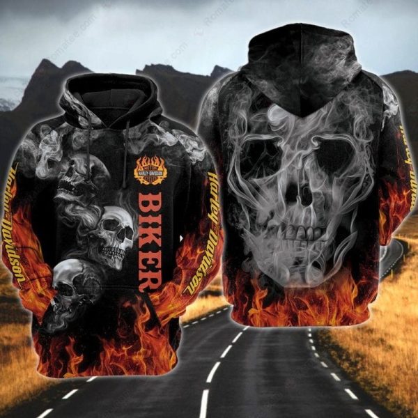 Harley-Davidson Skull With Flames and Smoke Merch, Fierce Skull Graphics and Fiery Motion