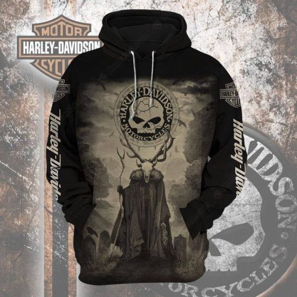 Harley-Davidson Skull and Antlers Hoodie, Dark Robes and Logo Willie G Skull Harley-Davidson 3D All Over Print