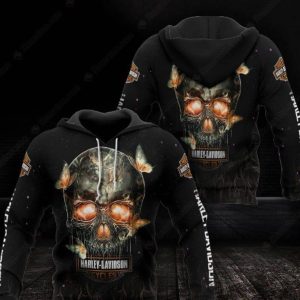 Harley-Davidson Skull and Butterflies Hoodie, Skull with Glowing Eyes Bold Orange and Black Design