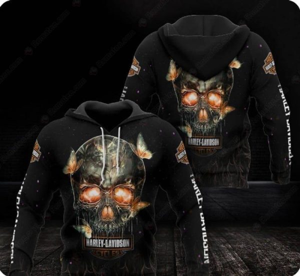 Harley-Davidson Skull and Butterflies Hoodie, Skull with Glowing Eyes Bold Orange and Black Design