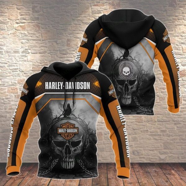 Harley-Davidson Skull and Chains Hoodie, Skull with Crow and Bold Color Harley-Davidson Accents