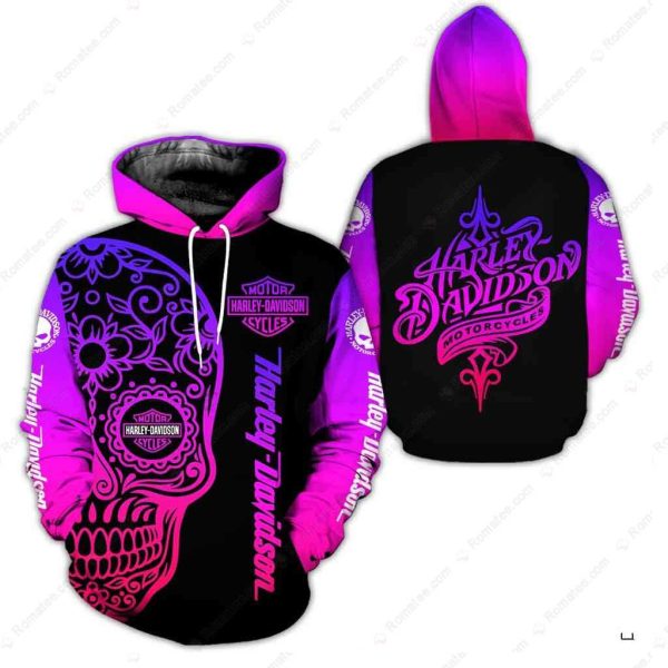 Harley-Davidson Skull and Floral Hoodie, Striking Purple to Black Gradient Harley-Davidson Hoodie