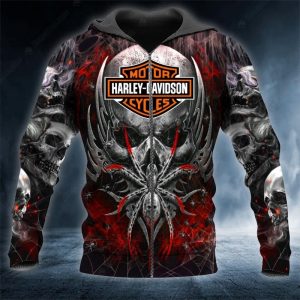 Harley-Davidson Spider and Skull Hoodie, Edgy Biker Lifestyle Dark Aesthetic Motorcycle Hoodie