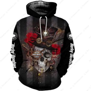 Harley-Davidson Steampunk Skull Hoodie, Bold Black and Red Roses 3D All Over Print