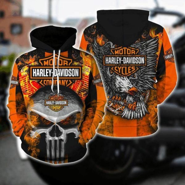 Harley-Davidson The Punisher Skull and Eagle Fierce Flames Hoodie, Bold Black and Orange Harley-Davidson Hoodie