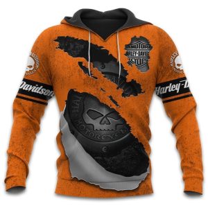 Harley Davidson Torn Metal Skull Hoodie, Vibrant Orange Rugged Willie G Skull Harley Davidson Biker Pullover