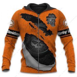 Harley Davidson Torn Metal Skull Hoodie Vibrant Orange Rugged Willie G Skull Harley Davidson Biker Pullover 3 zip hoodie