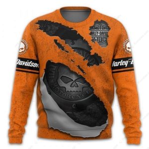 Harley Davidson Torn Metal Skull Hoodie Vibrant Orange Rugged Willie G Skull Harley Davidson Biker Pullover 4 long sleeve