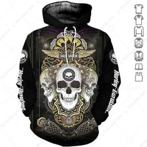 Harley-Davidson Triptych Skull Hoodie, Dark Color Scheme and Skull Design 3D All Over Print